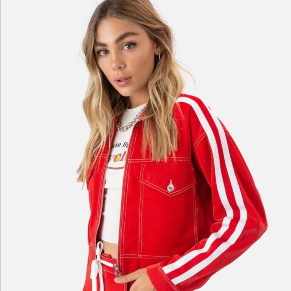 RED VARSITY STRIPPED JACKET